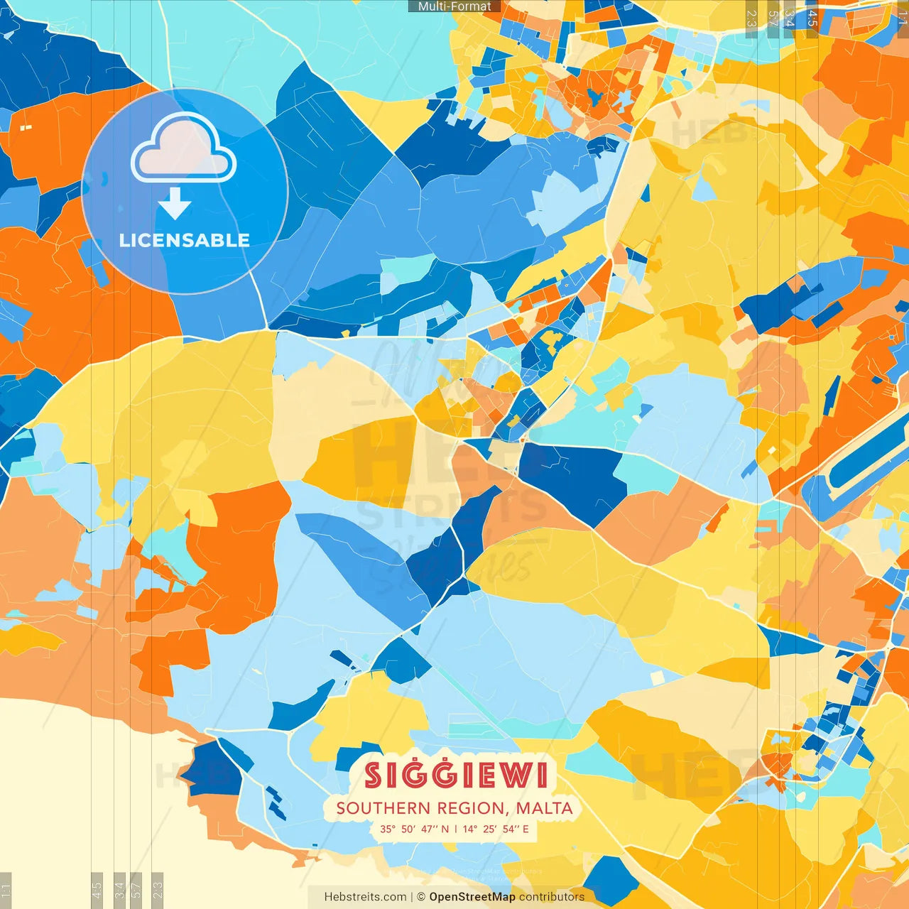 Siġġiewi, Southern Region, Malta blue and orange vector art map template
