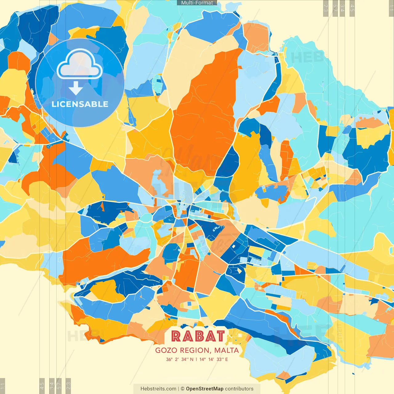 Rabat, Gozo Region, Malta blue and orange vector art map template