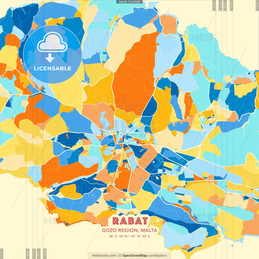 Rabat, Gozo Region, Malta blue and orange vector art map template