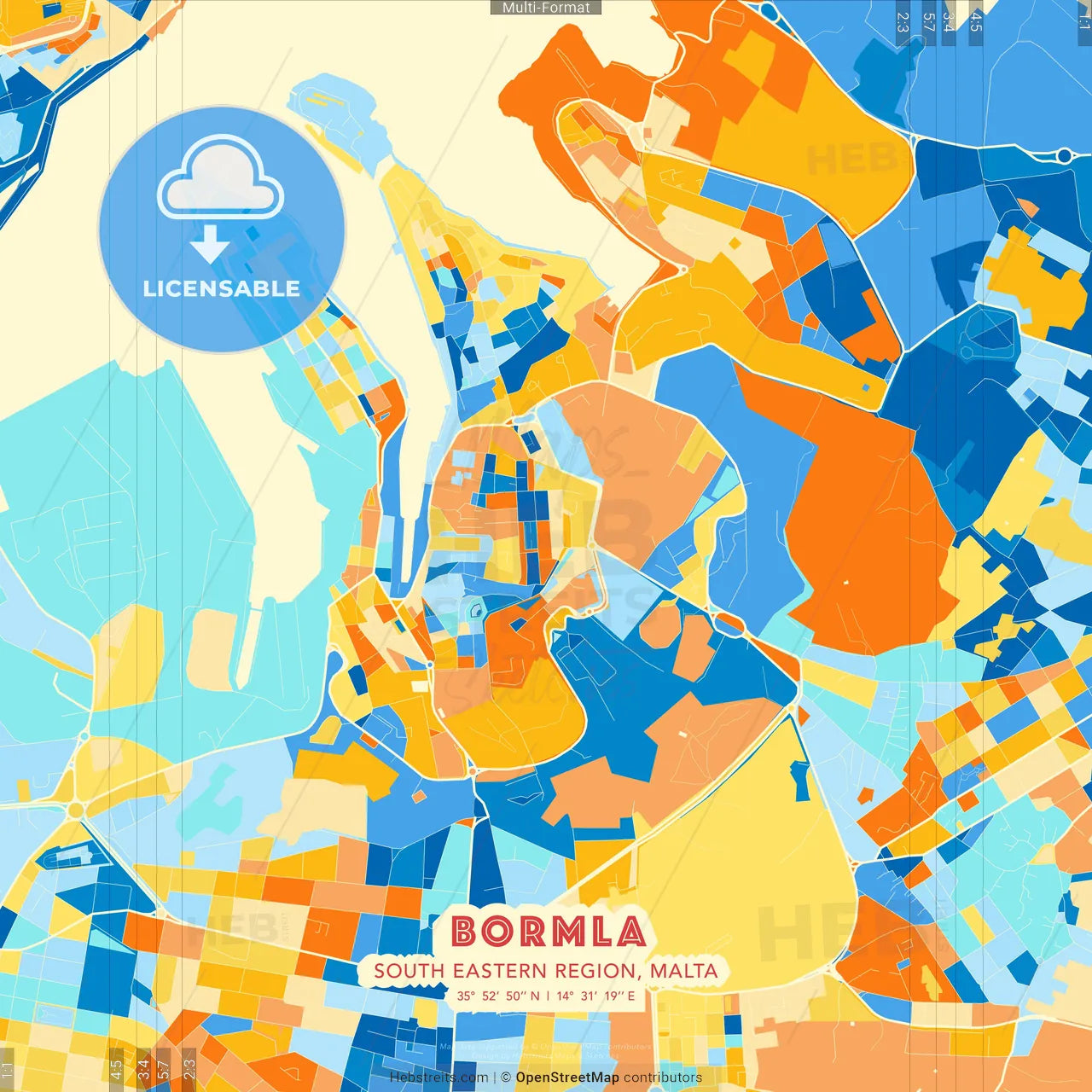 Bormla, South Eastern Region, Malta blue and orange vector art map template