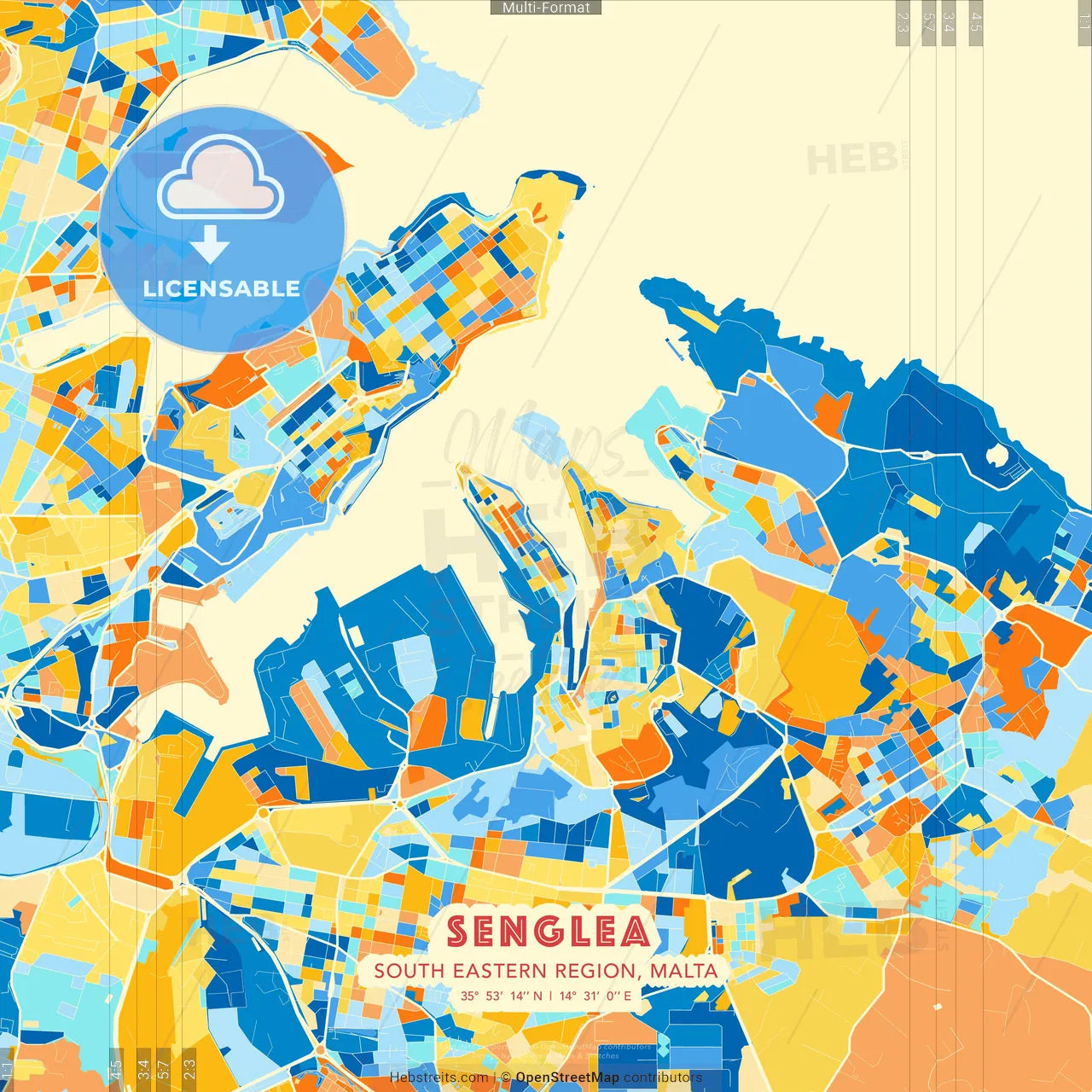 Senglea, South Eastern Region, Malta blue and orange vector art map template