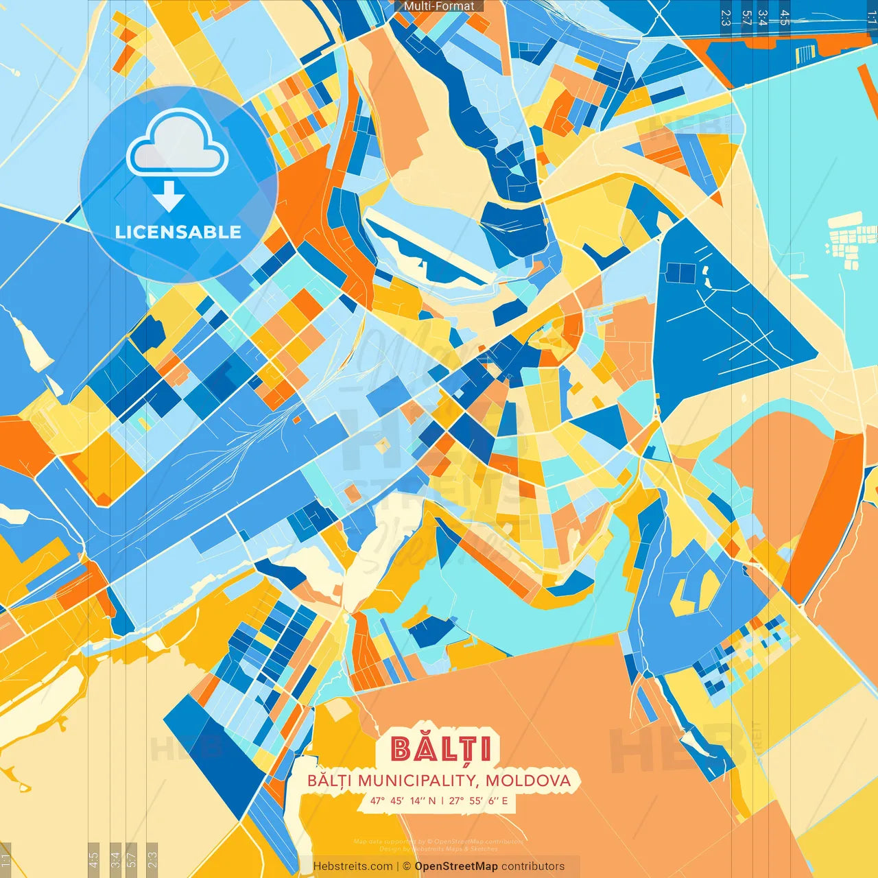 Bălți, Bălți municipality, Moldova blue and orange vector art map template