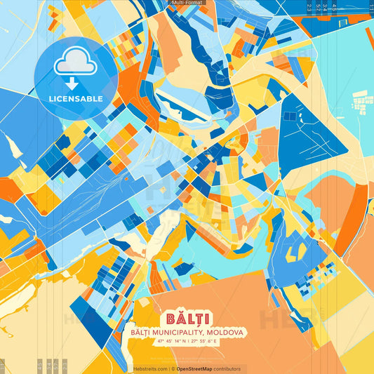 Bălți, Bălți municipality, Moldova blue and orange vector art map template