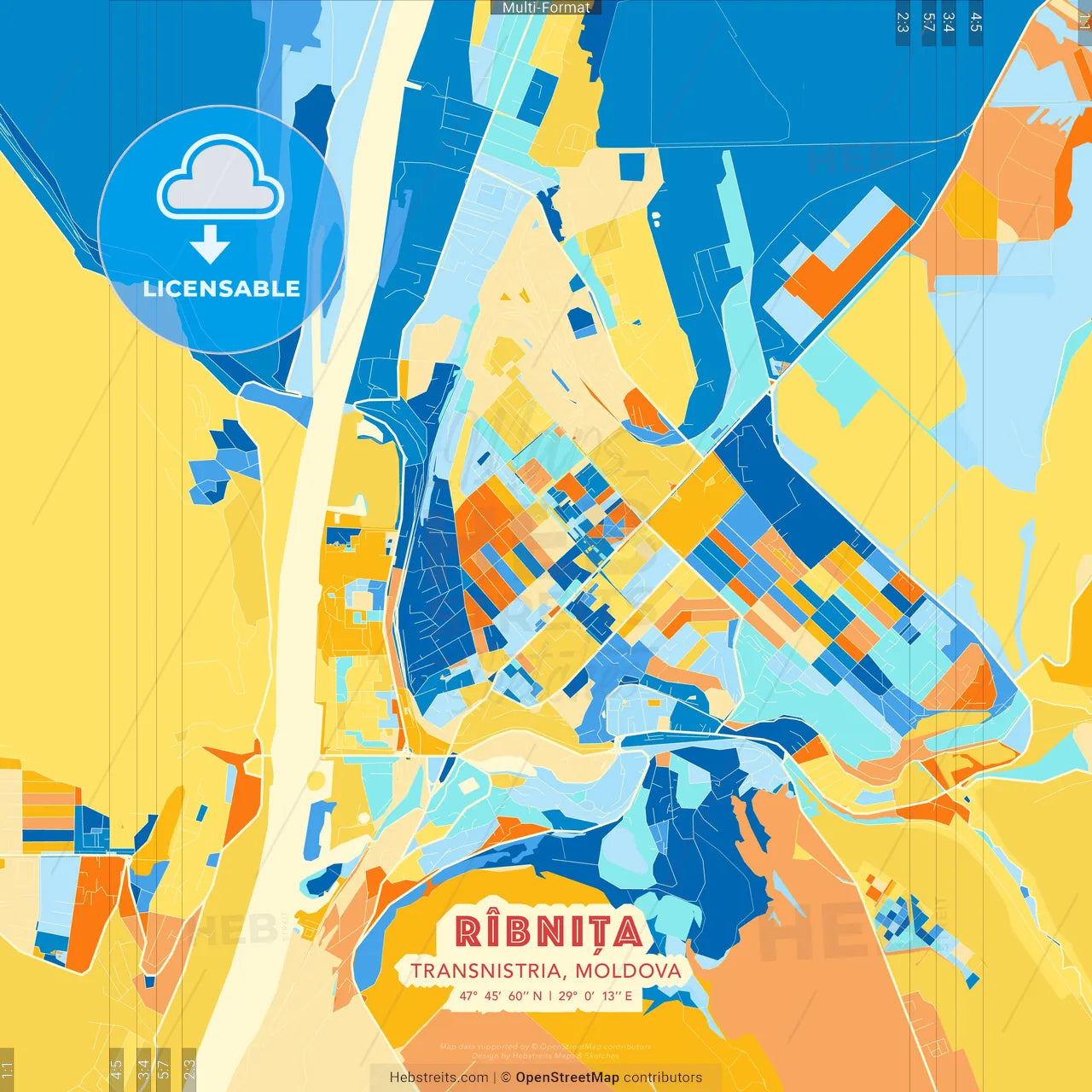 Rîbnița, Transnistria, Moldova blue and orange vector art map template