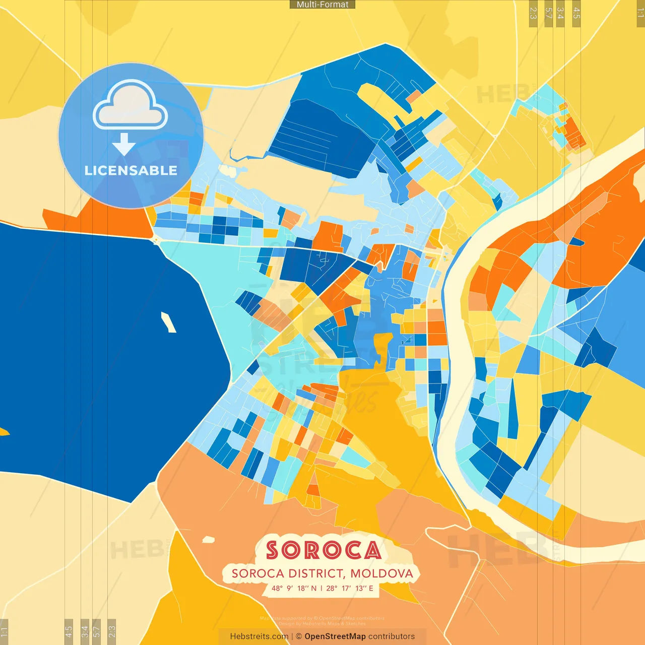 Soroca, Soroca district, Moldova blue and orange vector art map template