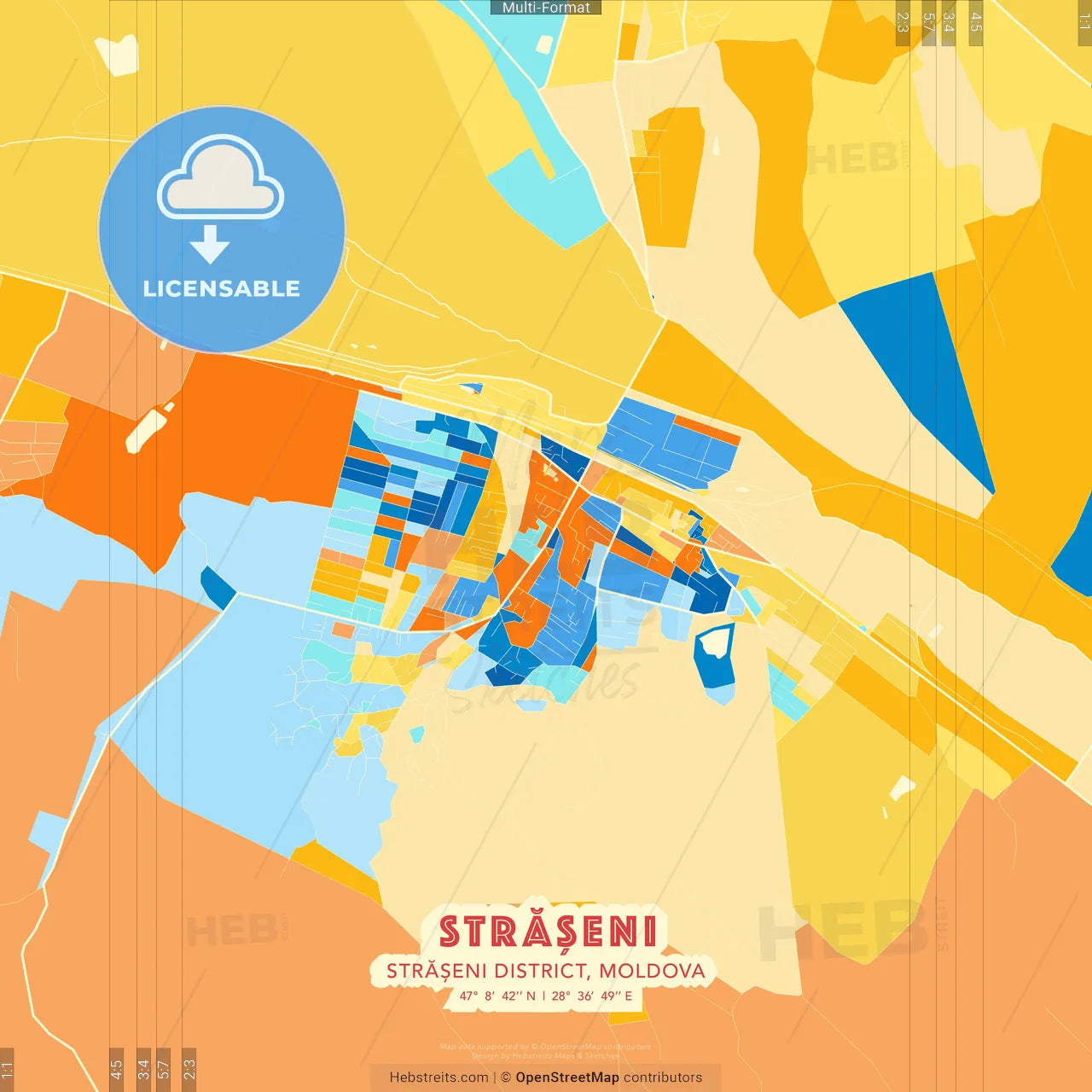 Strășeni, Strășeni district, Moldova blue and orange vector art map template