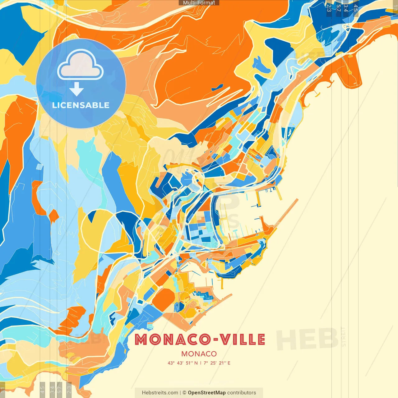 Monaco-Ville, Monaco blue and orange vector art map template