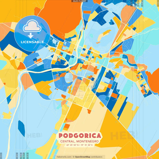 Podgorica, Central, Montenegro blue and orange vector art map template