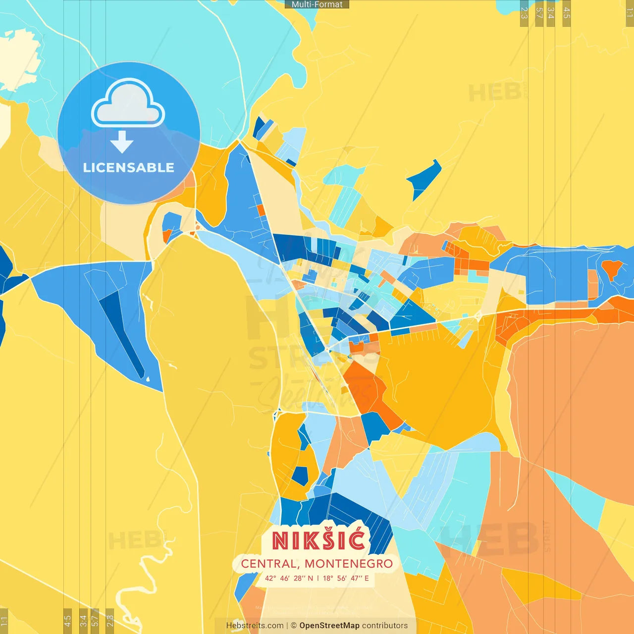 Nikšić, Central, Montenegro blue and orange vector art map template