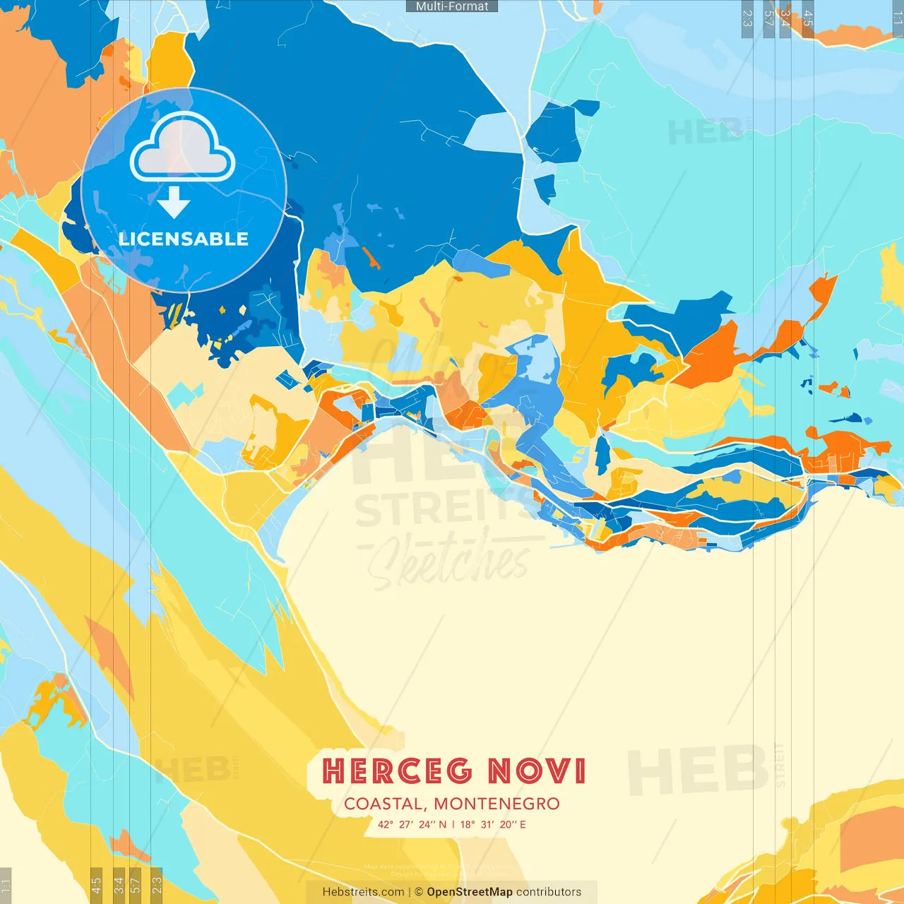Herceg Novi, Coastal, Montenegro blue and orange vector art map template