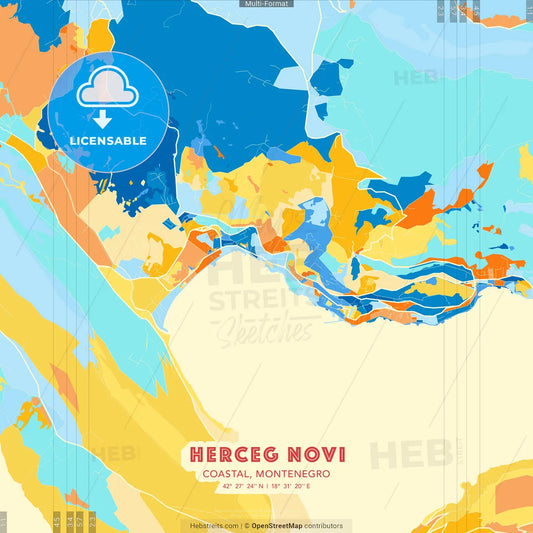 Herceg Novi, Coastal, Montenegro blue and orange vector art map template