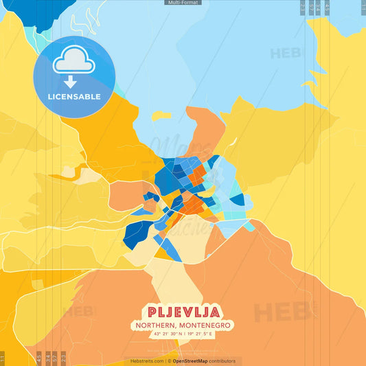 Pljevlja, Northern, Montenegro blue and orange vector art map template