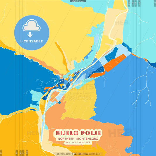 Bijelo Polje, Northern, Montenegro blue and orange vector art map template