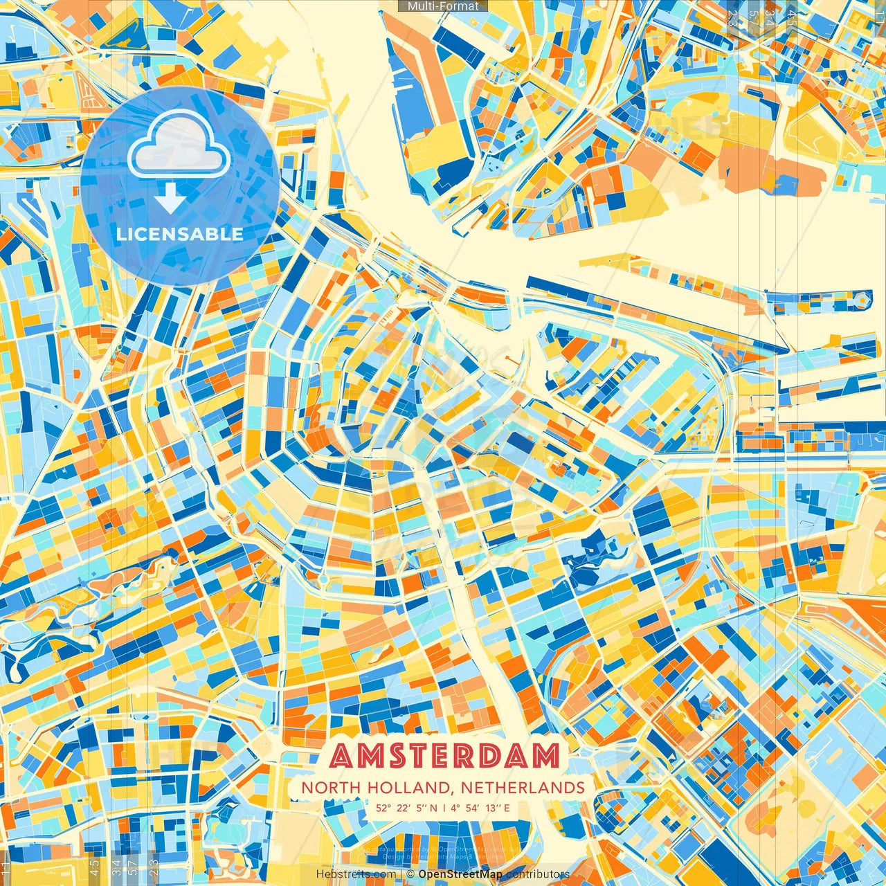 Amsterdam, North Holland, Netherlands blue and orange vector art map template