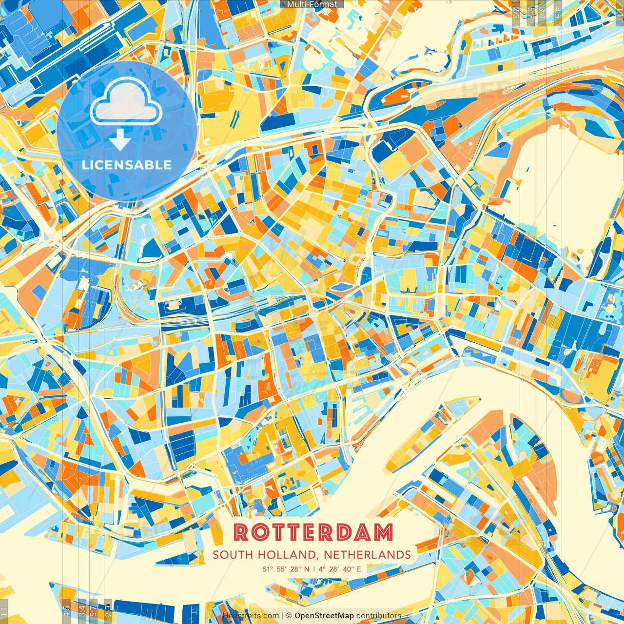 Rotterdam, South Holland, Netherlands blue and orange vector art map template