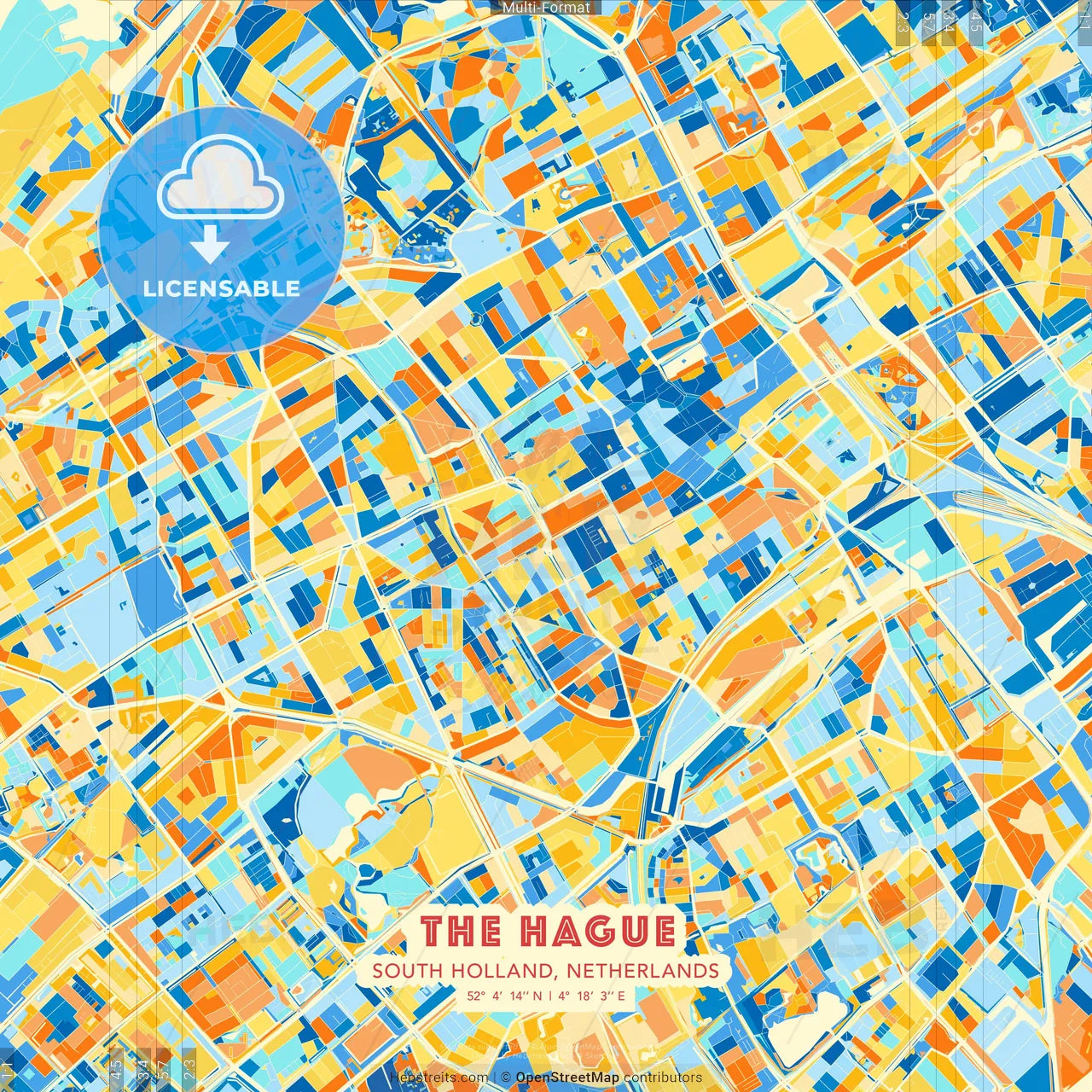 The Hague, South Holland, Netherlands blue and orange vector art map template