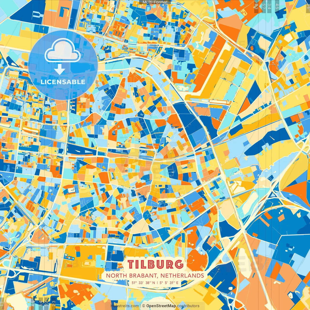 Tilburg, North Brabant, Netherlands blue and orange vector art map template