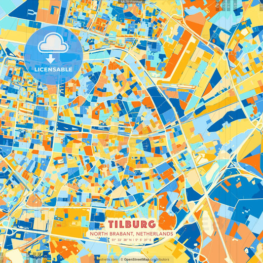 Tilburg, North Brabant, Netherlands blue and orange vector art map template