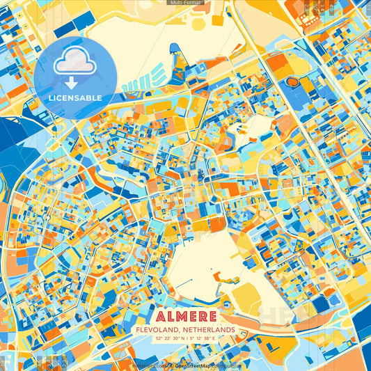 Almere, Flevoland, Netherlands blue and orange vector art map template