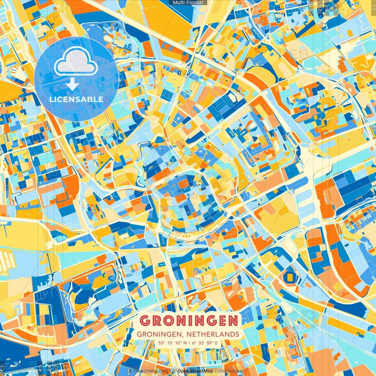 Groningen, Groningen, Netherlands blue and orange vector art map template