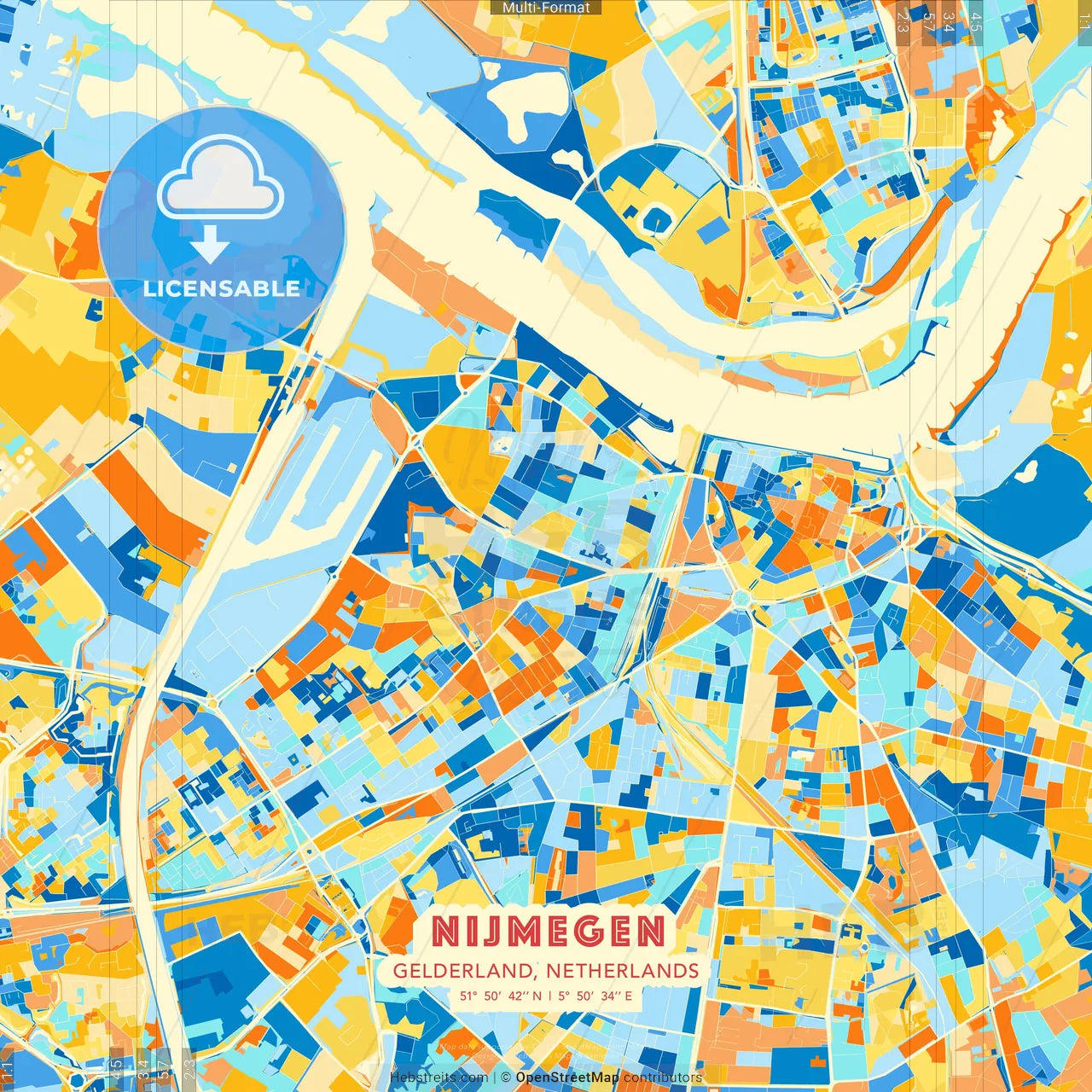 Nijmegen, Gelderland, Netherlands blue and orange vector art map template