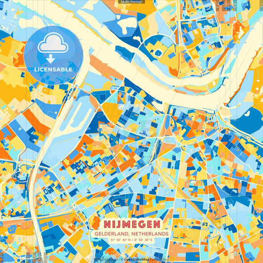 Nijmegen, Gelderland, Netherlands blue and orange vector art map template