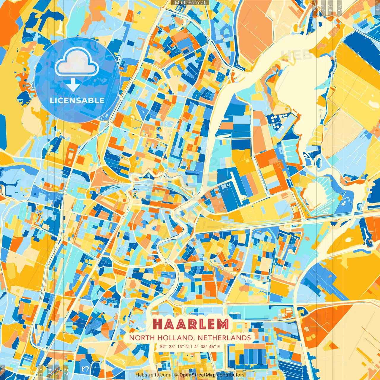Haarlem, North Holland, Netherlands blue and orange vector art map template