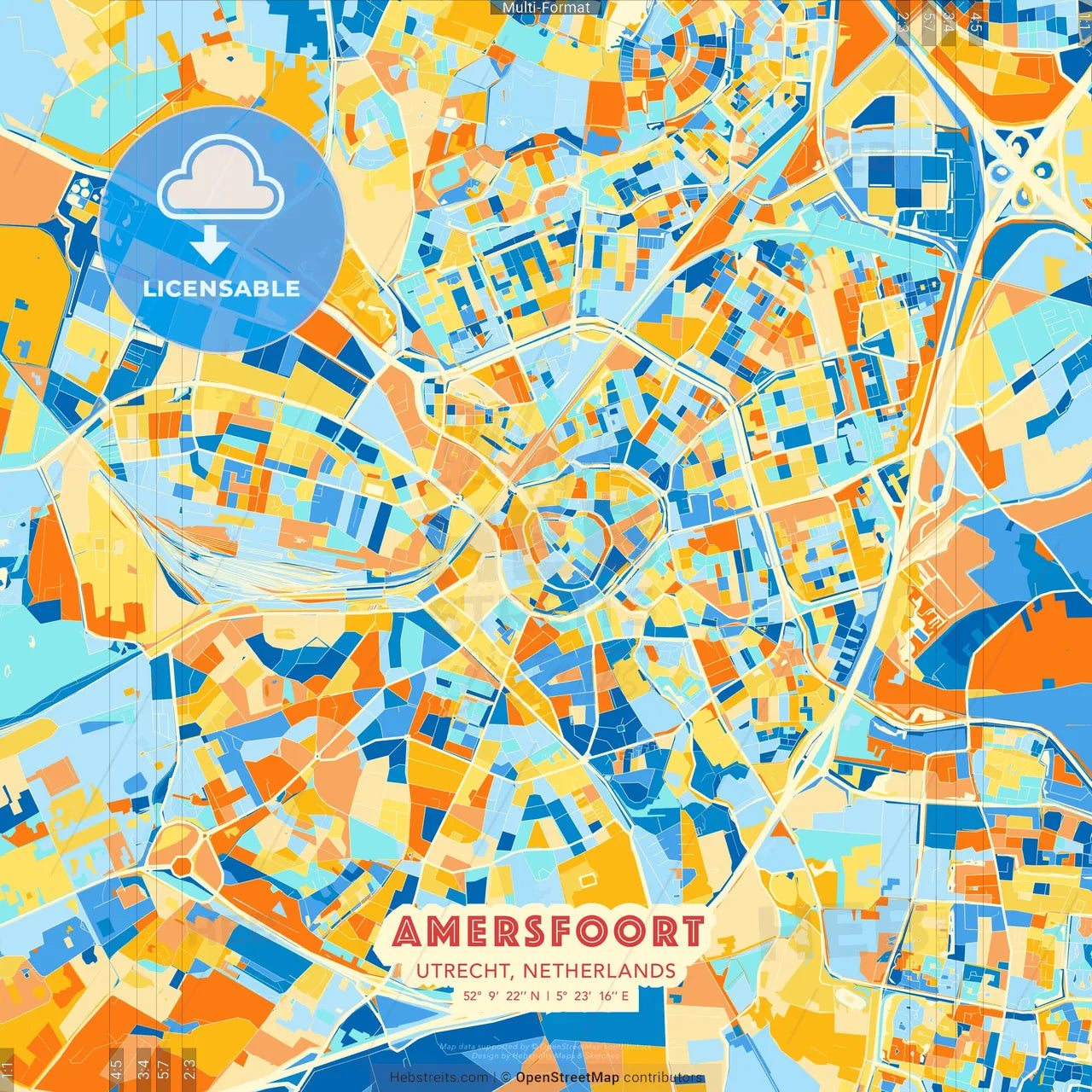 Amersfoort, Utrecht, Netherlands blue and orange vector art map template