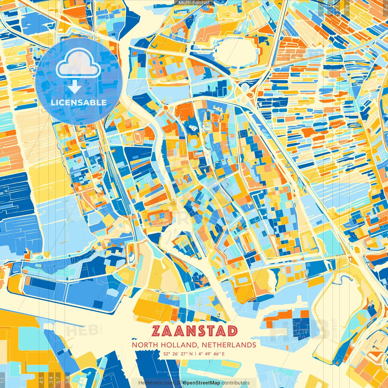 Zaanstad, North Holland, Netherlands blue and orange vector art map template