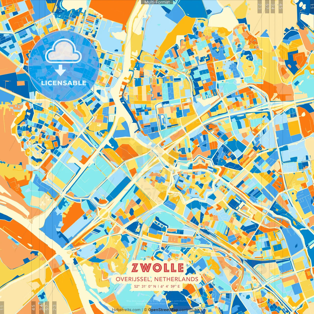 Zwolle, Overijssel, Netherlands blue and orange vector art map template