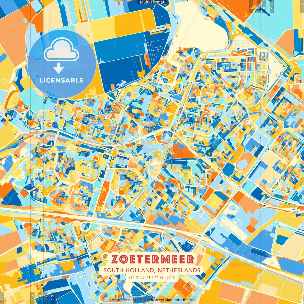 Zoetermeer, South Holland, Netherlands blue and orange vector art map template