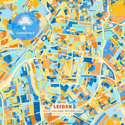 Leiden, South Holland, Netherlands blue and orange vector art map template