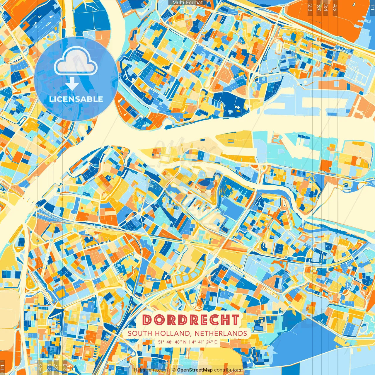 Dordrecht, South Holland, Netherlands blue and orange vector art map template