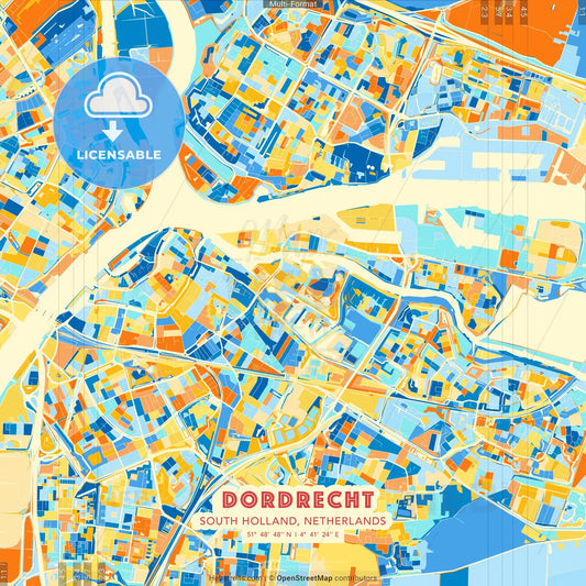 Dordrecht, South Holland, Netherlands blue and orange vector art map template