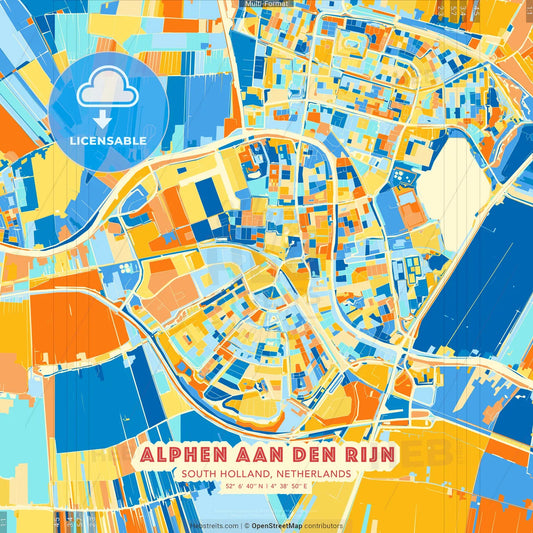 Alphen aan den Rijn, South Holland, Netherlands blue and orange vector art map template