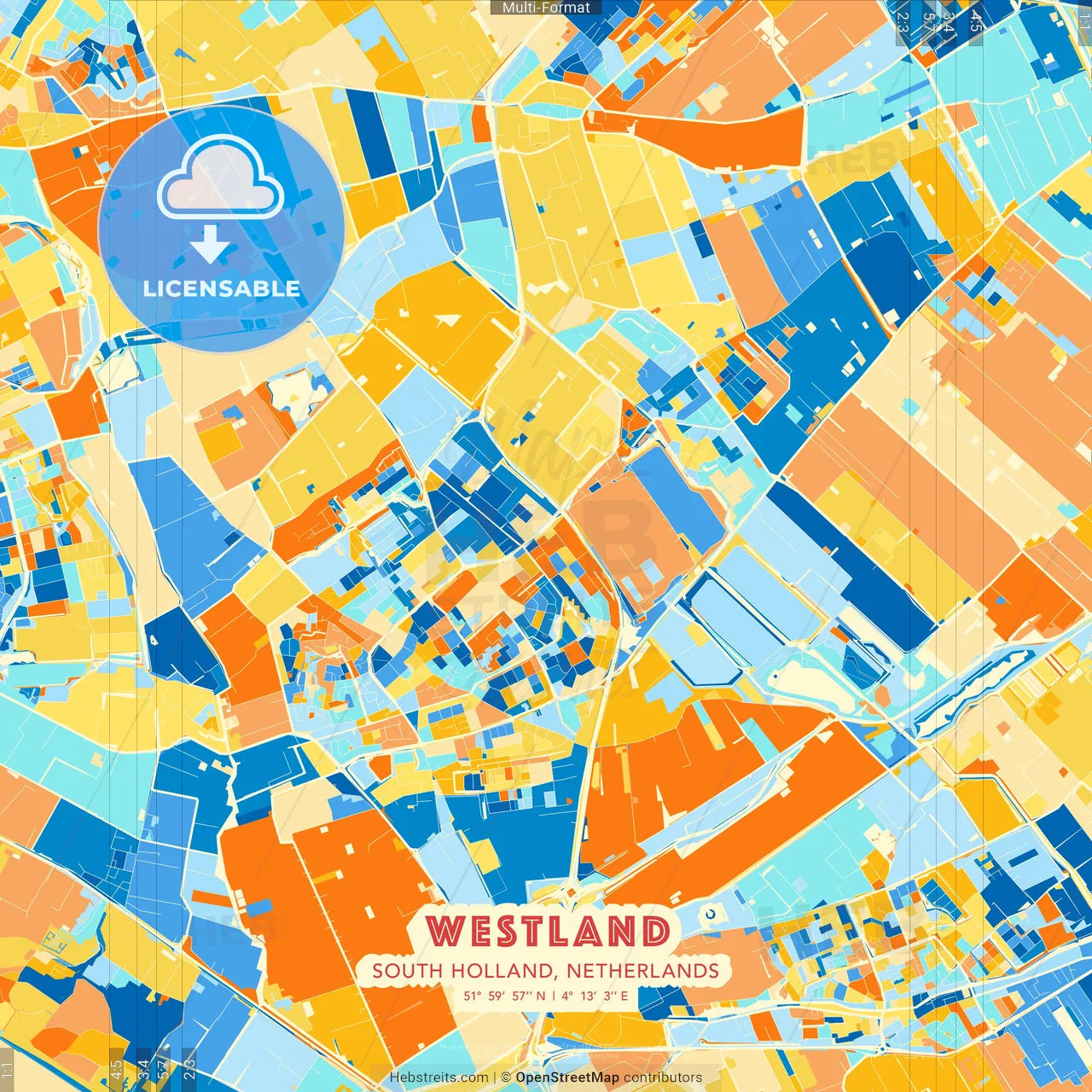 Westland, South Holland, Netherlands blue and orange vector art map template