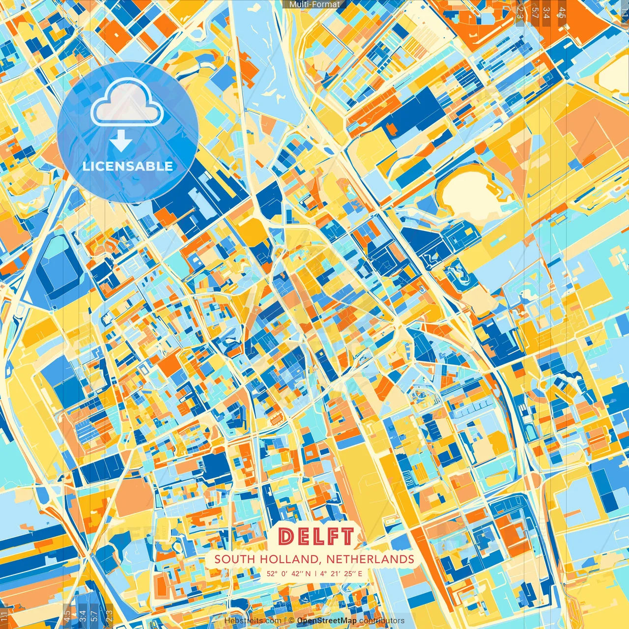 Delft, South Holland, Netherlands blue and orange vector art map template