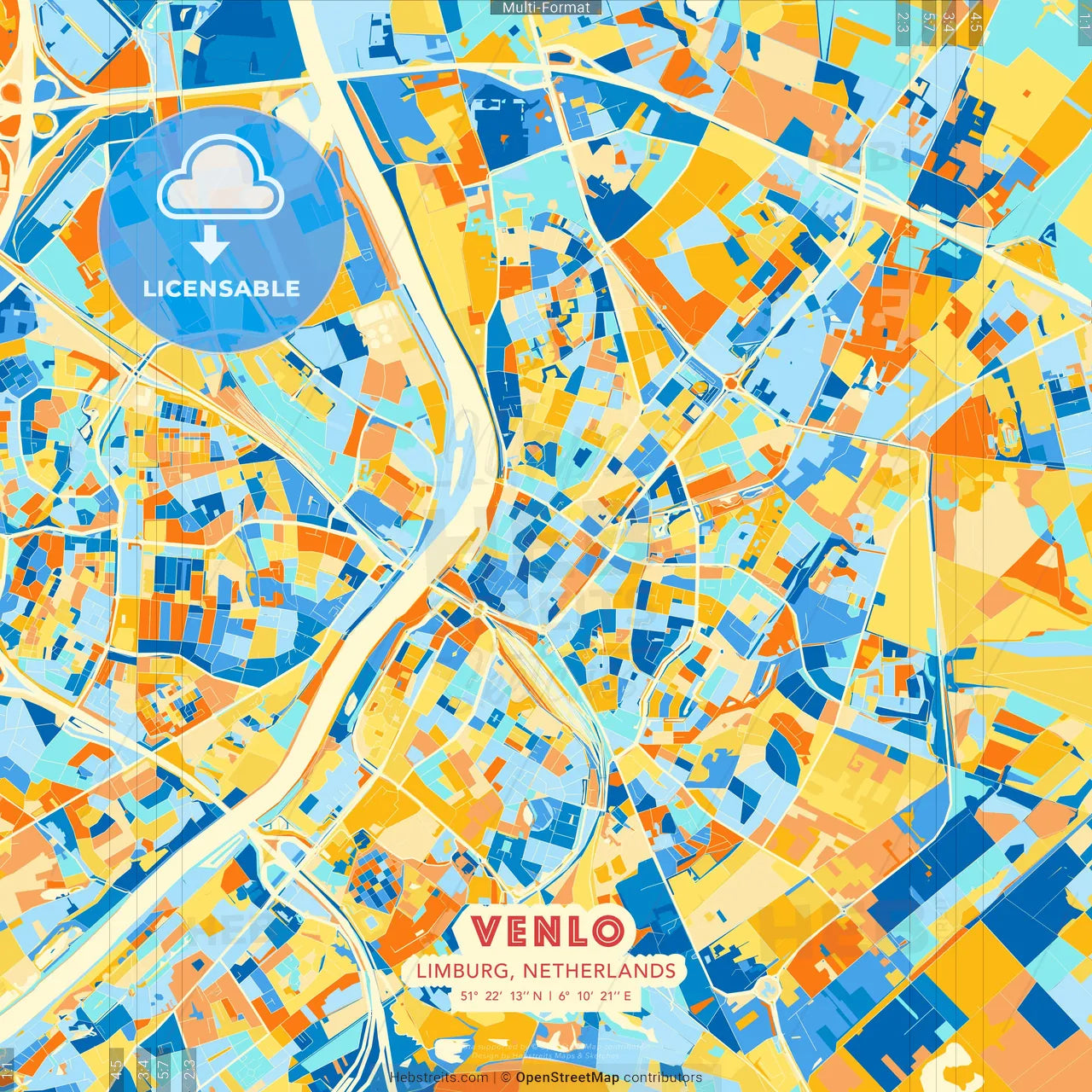 Venlo, Limburg, Netherlands blue and orange vector art map template