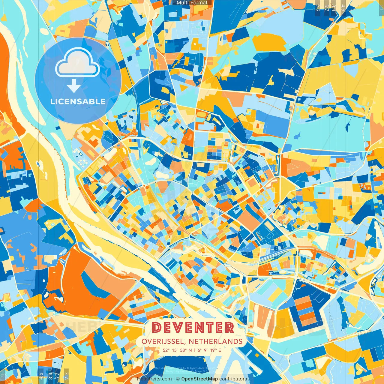 Deventer, Overijssel, Netherlands blue and orange vector art map template