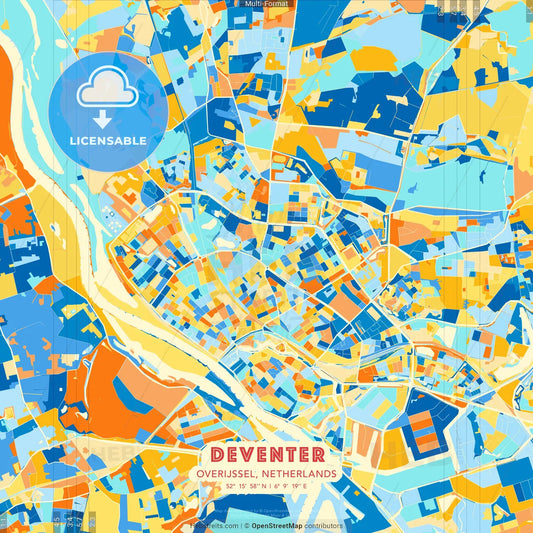 Deventer, Overijssel, Netherlands blue and orange vector art map template