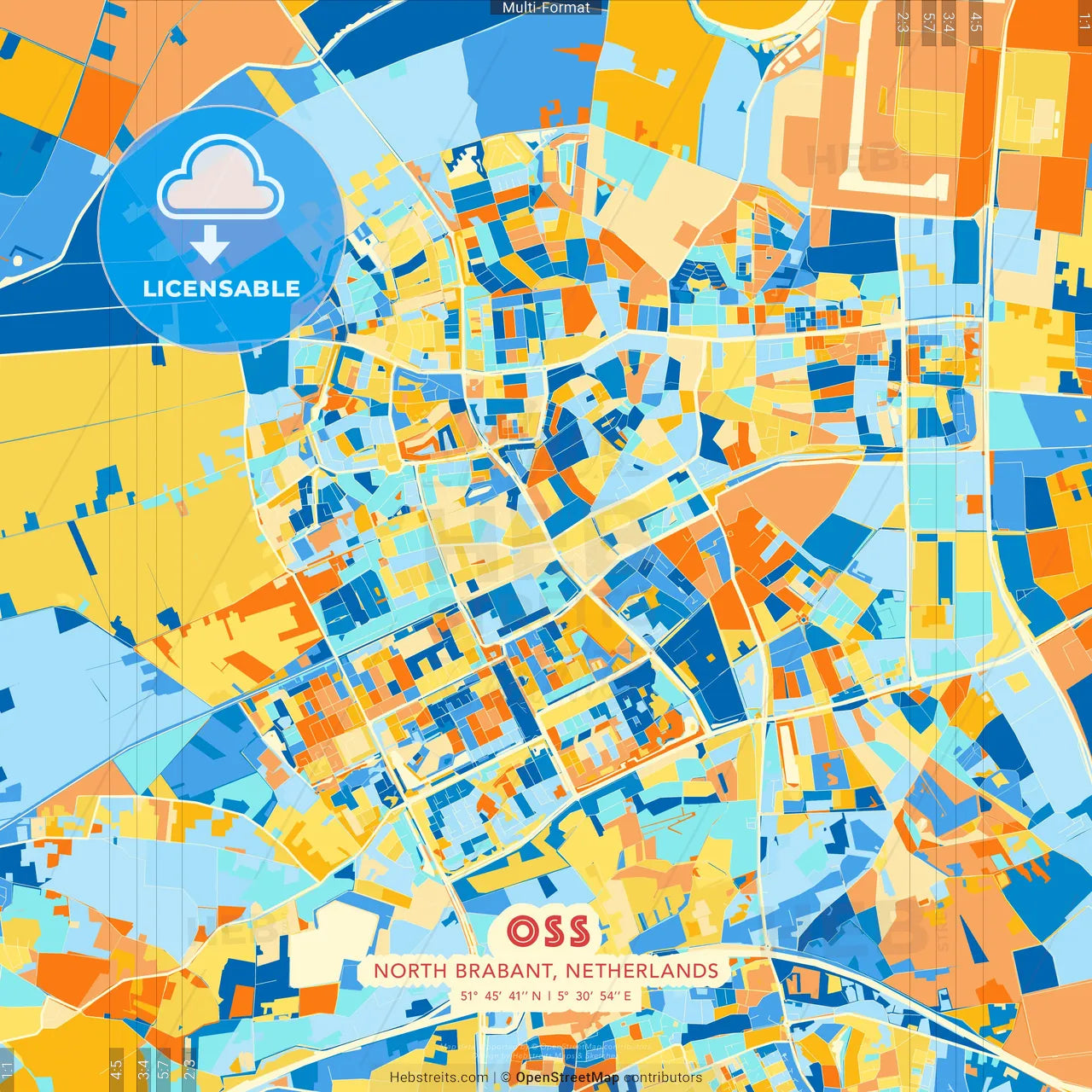 Oss, North Brabant, Netherlands blue and orange vector art map template