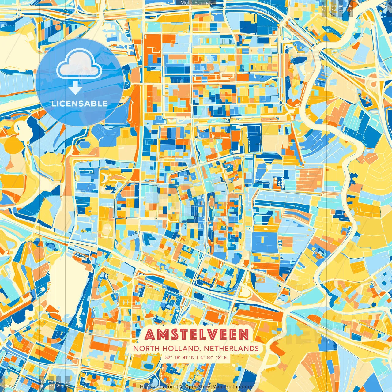 Amstelveen, North Holland, Netherlands blue and orange vector art map template