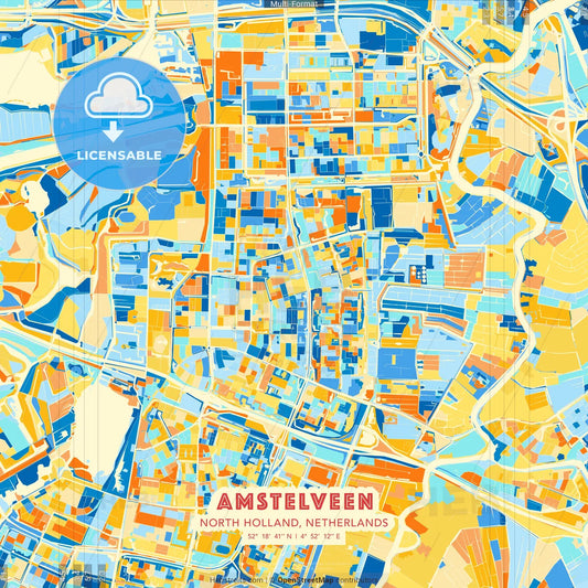 Amstelveen, North Holland, Netherlands blue and orange vector art map template