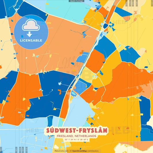 Súdwest-Fryslân, Friesland, Netherlands blue and orange vector art map template