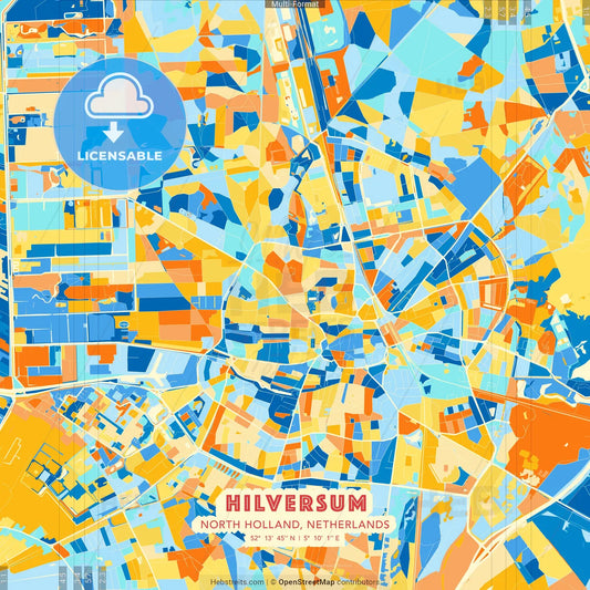 Hilversum, North Holland, Netherlands blue and orange vector art map template
