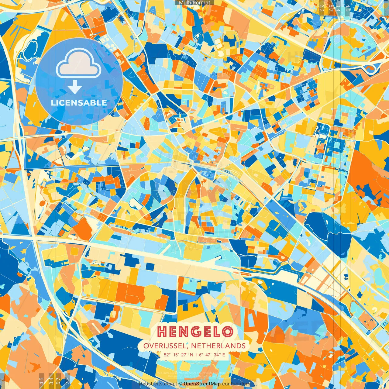 Hengelo, Overijssel, Netherlands blue and orange vector art map template