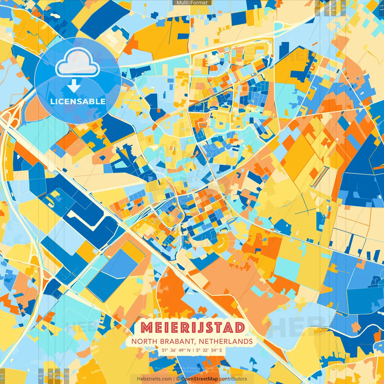 Meierijstad, North Brabant, Netherlands blue and orange vector art map template