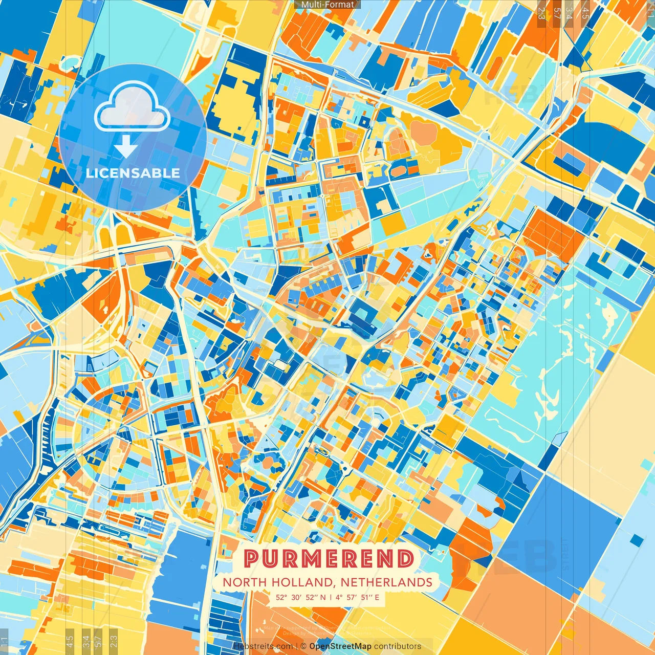 Purmerend, North Holland, Netherlands blue and orange vector art map template