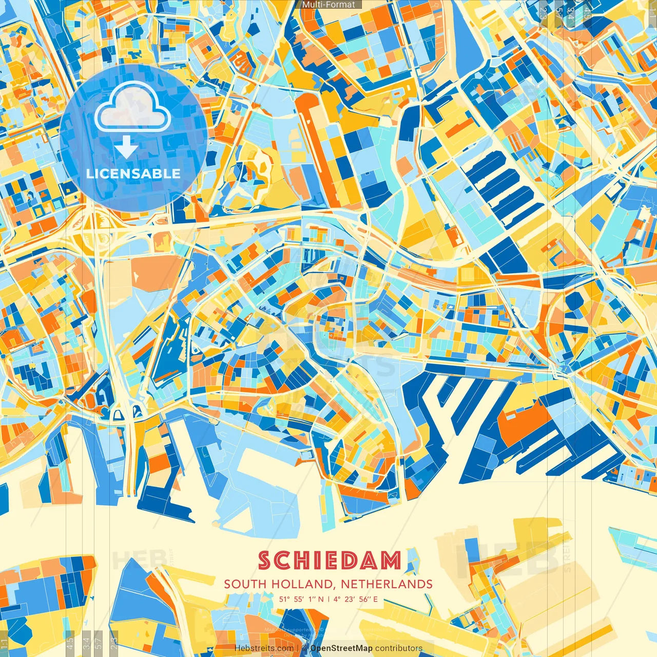 Schiedam, South Holland, Netherlands blue and orange vector art map template