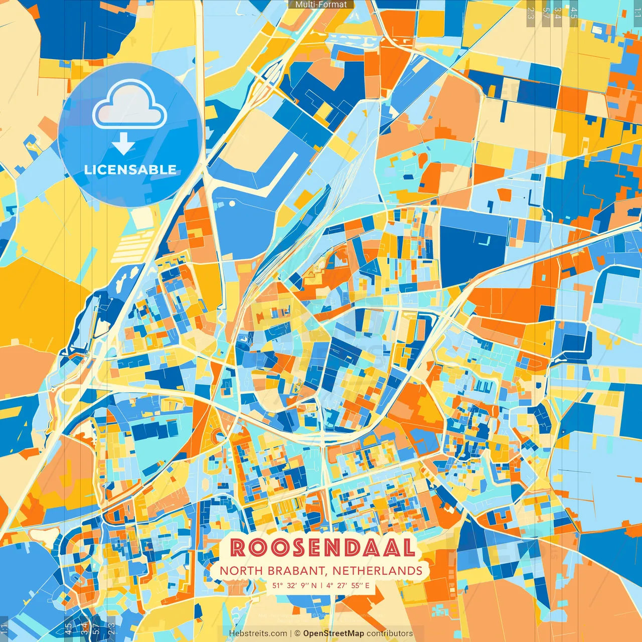 Roosendaal, North Brabant, Netherlands blue and orange vector art map template